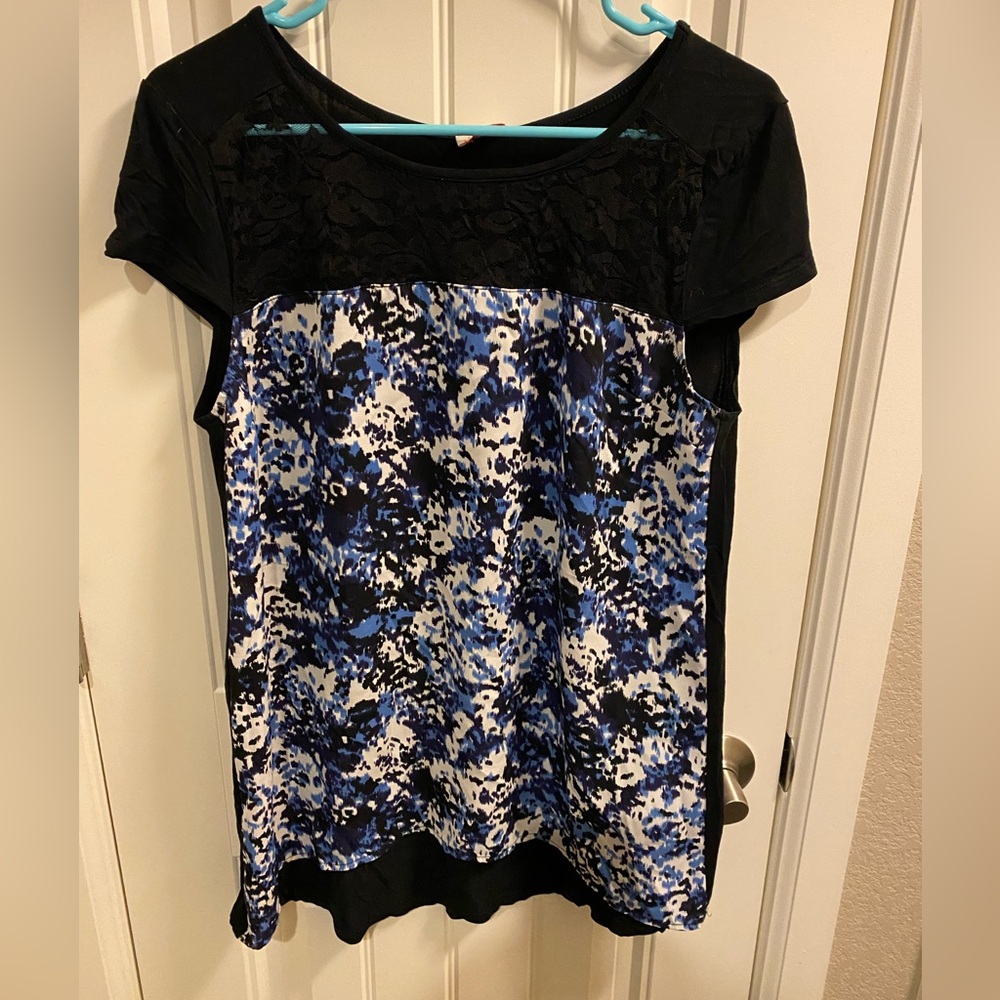 Pixley L Top Blue Black Lace Trim Large Blouse Lg Shirt